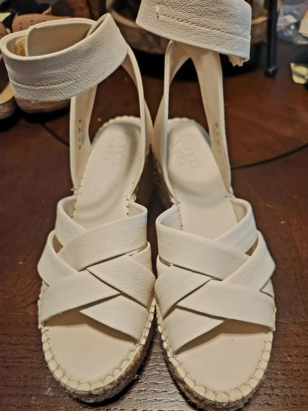 Franco Sarto Cream Leather Espadrille Wedge Sandals with Ankle Strap
